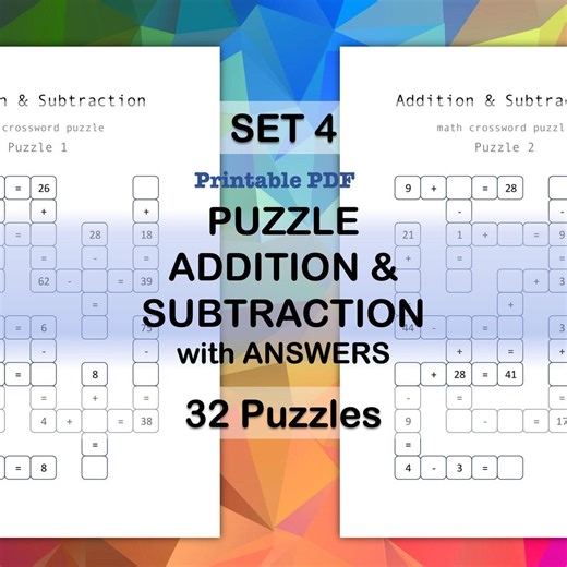 Math Crossword Puzzle Set 4 | Addition & Subtraction Game (printable PDF) - Etsy