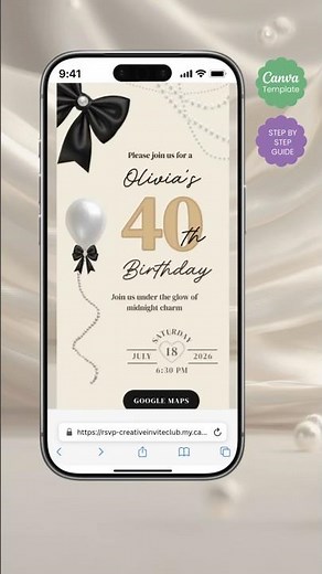 Beige Minimal Birthday Invitation Canva, Pearl Balloon Black Bow Animated Invite,30th 40th 50th 60th