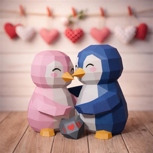 Penguin Couple papercraft Template PDF| DIY Low poly paper sculpture | Printable PDF craft | Penguin love decor