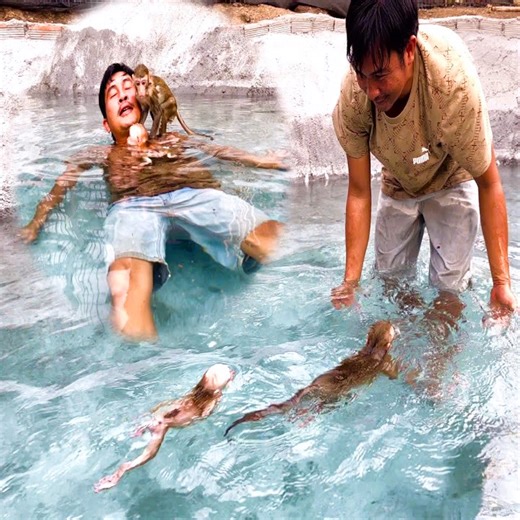 5.5K views · 110 reactions | Daddy surprise, baby monkey Sơn and monkey BiBi are excited to practice swimming in the newly built swimming pool | Family Monkey Vola | Facebook