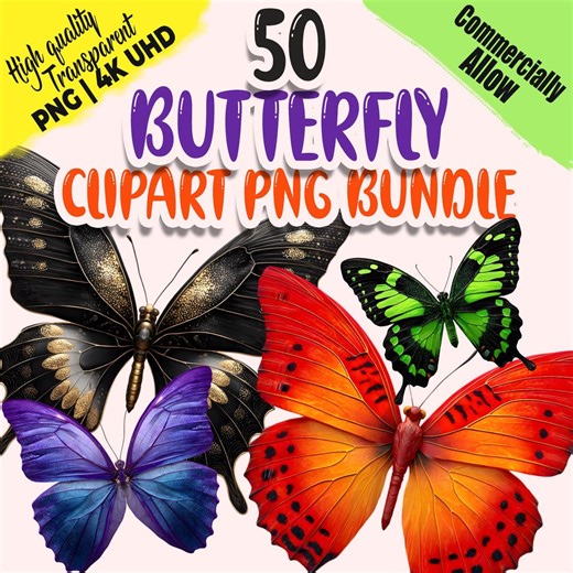Butterfly Clipart PNG Bundle | 50 Butterfly PNG | Transparent Butterfly PNG for Sublimation - Etsy