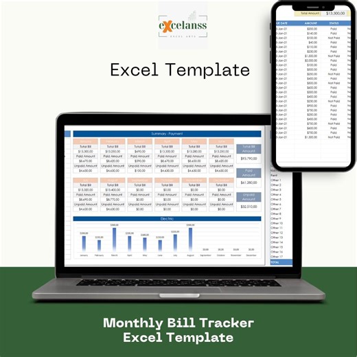 Monthly Bill Tracker Excel Template: 12 Pages for Expenses & Automatic Calculations - Etsy