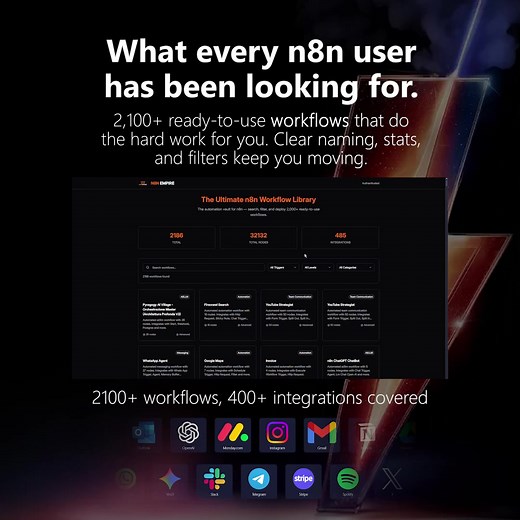 ⚡ Imagine cutting weeks of work into minutes. With the N8N Empire Portal, you instantly unlock 2,100 ready-to-use workflows built for automation professionals, SaaS founders, and digital agencies. 💡 Stop wasting time creating automations from scratch. Inside the portal you’ll find: ✅ Pre-built workflows for AI, marketing, e-commerce, CRM, and more ✅ Smart search & filtering to find exactly what you need in seconds ✅ Unlimited downloads with lifetime access ✅ A growing library that keeps expandi