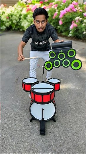 Red Drum Set And Electronic Drum Set Vs Hand Roll Up😱