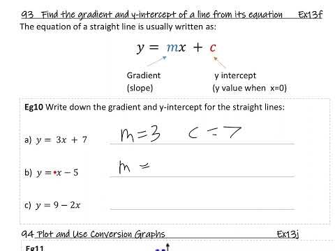 Year 9 93. Ex13f Find the gradient and y-intercept of a line from its equation