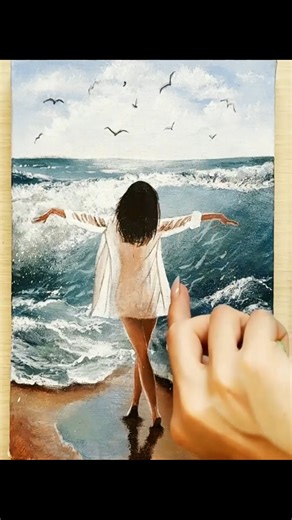 Girl Facing Sea Waves Painting Reels #Girl #Sea #Painting #Reels | Zil Acrylic Painting