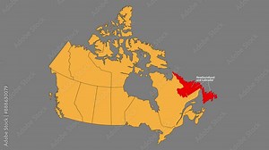 New Foundland and Labrador map animated video. Map Highlighted on the Canada map with animation and colour with Gray background in video format.