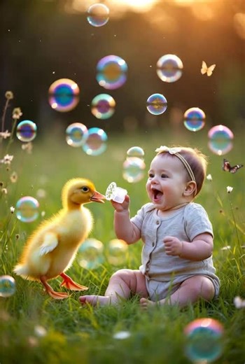baby and duck playing 😍