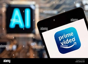 In this photo illustration, the American subscription video-on-demand Amazon Prime Video logo seen displayed on a smartphone with an Artificial intelligence (AI) chip and symbol in the background Stock Photo - Alamy