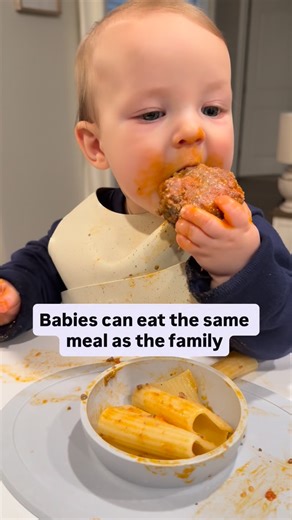Sweet Speech Tea on Instagram: "We love spaghetti with meatballs and fettuccine! Babies can experience big flavors and eat the same meal as the rest of the family as long as it’s prepared correctly. My baby is 6 months old in this video. I offered big pasta noodles because the large noodles make it easier for my baby to pick up and bring to his mouth. Large, flat noodles or egg noodles are great options for introducing noodles to your little one!❤️"
