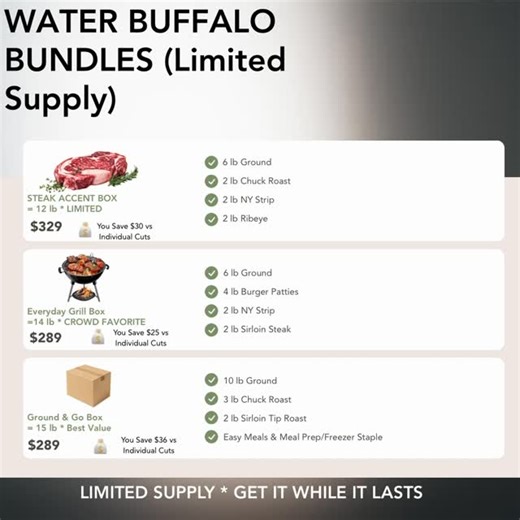 ✨ WATER BUFFALO: AN EXOTIC, HIGHLY NUTRITIONAL PROTEIN ✨ We’re excited to announce that Winter Creek Farm now has water buffalo cuts available — and supply is very limited. Why water buffalo? 🥩 Highly nutritional — leaner than beef, rich in protein, iron & omega-3s 🥩 Similar to beef, but more tender and flavorful 🥩 Raised with care, the way food should be One of our goals for the new year at Winter Creek Farm is simple: 🤍 to nourish your body in any way possible. 👉 Individual cuts are avail