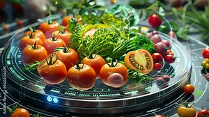 Future vegetable production technologies, fresh organic vegetables in a high-tech display with tomatoes, lettuce, and broccoli