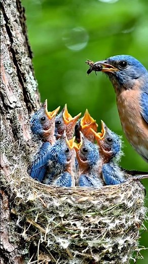 Mother Bluebird Feeding Her Hungry Babies | #Nature #Birds #Bluebird #MotherLove #CuteBirds