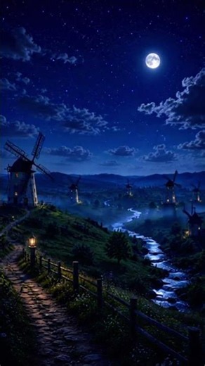 Moonlit Windmill Valley 🌙✨ Relaxing Night Ambience