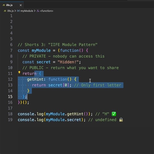 Fullstack Flow on Instagram: "Build a JavaScript module using IIFE! Hide private data and expose only public methods. This classic pattern is still used in production code today! 💡 #JavaScript #ModulePattern #IIFE #WebDevelopment #CodingTutorial #Programming #LearnToCode #JavaScriptTips #WebDev #AdvancedJS"