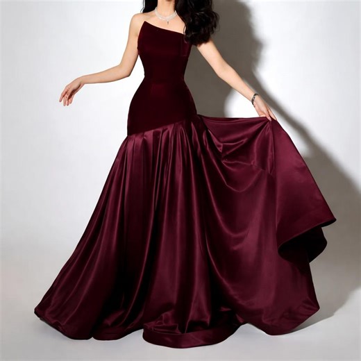 Burgundy Velvet Evening Gown: One-shoulder Satin Mermaid Maxi Formal Dress - Etsy