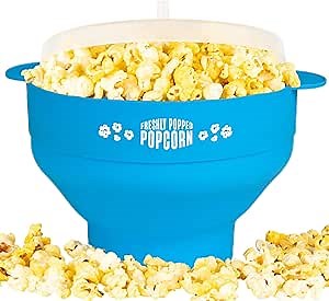 Silicone Microwave Popcorn Popper (Blue) Air Popper Popcorn Maker No Oil Required, Collapsible Pop-Corn bowl with Lid, Reusable, BPA-Free, Dishwasher Safe