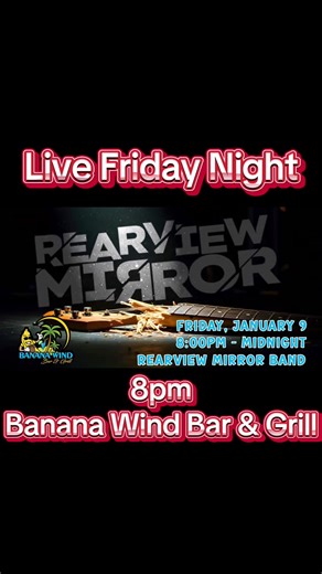 Live music all weekend at Banana Wind Bar & Grill! 🍻🎸 🔥 Friday Night 8 PM – The Rearview Mirror Band 💃 Saturday Night 8 PM – The NightBumpers Jump Swing Blues Band Don’t miss the party! Hashtags: #LiveMusic #BananaWind #FridayNightVibes #SaturdayNightLive #FloridaMusic