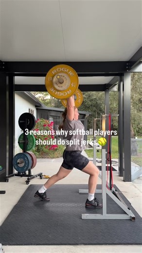 Sarah Helen Davis on Instagram: "Split jerks offer huge benefits for softball and baseball players. It helps us develop full-body explosive power for hitting, throwing, and sprinting, reinforce shoulder stability in the overhead position for stronger, healthier throws, and build trunk and core strength essential for rotational power and control at the plate. If split jerks feel daunting, you can progress through the following series of movements until you get comfortable: dumbbell shoulder press