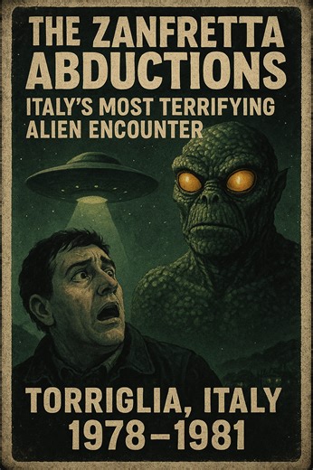 👽 The Zanfretta Abductions — Italy’s Most Terrifying Alien Encounter 🇮🇹 Between 1978 and 1981, Italian night watchman Pier Fortunato Zanfretta claimed he was abducted multiple times in Torriglia, Italy by massive reptilian-like beings over 10 feet tall, with green, scaly skin and glowing yellow eyes. Zanfretta was found trembling, his body ice cold, and witnesses saw strange lights in the sky during several of his encounters. Under hypnosis, he described being taken aboard a craft and shown s