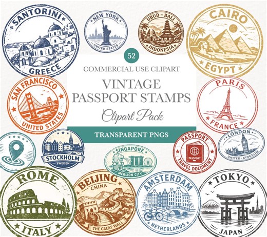 Passport Stamp Clipart, Travel Stamps PNG Bundle for Scrapbooking, Digital Download, Vintage Clip Art - Etsy