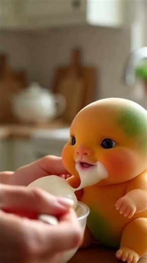 Baby Mango Eating Yogurt feed by a human hand