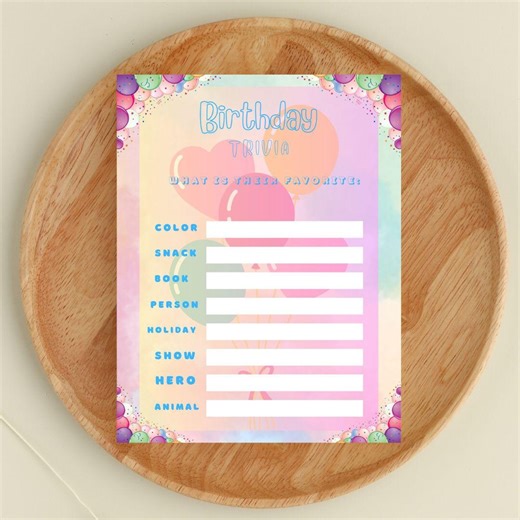Kid's Birthday Trivia Printable, Children's Party Balloon Printable (instant Download) - Etsy
