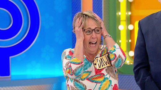 Drew and a contestant implore the sound effects lady to confirm whether or not she's chosen her numbers correctly in a game of One Away. | The Price Is Right