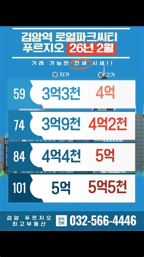 검암역로열파크씨티푸르지오 2026년 2월 전세 안내☎️ 032-566-4446 #검로푸