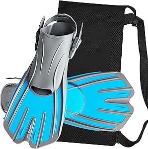 OMGear Diving Fins Short Swim Fins Snorkel Flippers for Swimming Travel Size Dive Flippers for Lap Swimming with Mesh Bag for Adult Men Women (Gray＆Aqua, S/M)