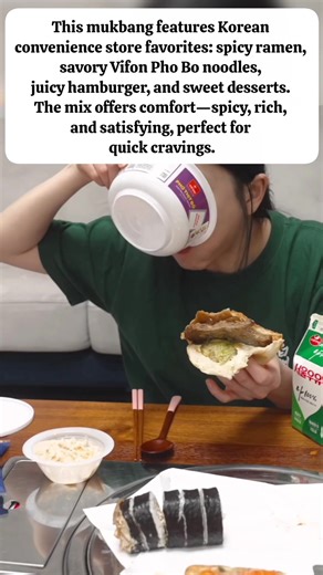 28K views · 622 reactions | This mukbang features Korean convenience store favorites: spicy ramen, savory Vifon Pho Bo noodles, juicy hamburger, and sweet desserts. The mix offers comfort—spicy, rich, and satisfying, perfect for quick cravings.#hamzy #reel #fblivestyle Part 16 | Hamzy Fans, mukbang ASMR | Facebook