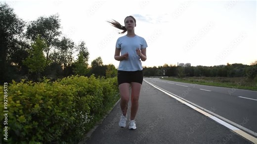 Young woman squatting on sidewalk near road, then standing up and running toward camera in real time. Tracking shot captures natural motion and dynamic urban fitness atmosphere.