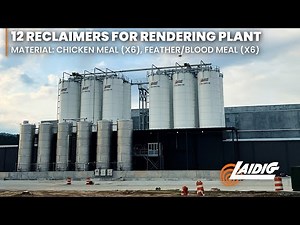 Rendering plant uses 12 Laidig reclaimers for chicken, feather, and blood meal unloading