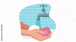 global handwashing celebration animation with hands washing with soap and faucet water