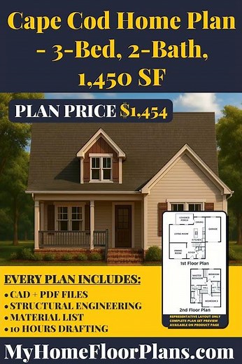 Cape Cod Home Plan - 3-Bed, 2-Bath, 1,450 SF