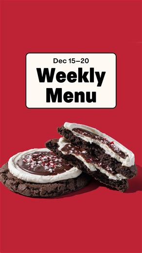 Crumbl on Instagram: "A perfect menu is comin' to town! 🦌🛷 Dec 15–20 👇 🎄 THE COOKIE THAT STOLE CHRISTMAS (NEW) A jolly green cookie, bursting with holiday cheer, frosted with a tiny heart to bring joy near. Merry and bright, a festive delight, a cookie to make your season just right! 🎁 HOLIDAY RED VELVET SANDWICH COOKIE (NEW) Two luscious red velvet cookies sandwiching a swirl of velvety vanilla cream cheese frosting and white chocolate ganache peeking through a star cutout. 🥛 EGGNOG TRES 