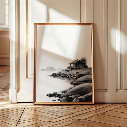 Coastal Cabin Wall Art Minimalist Nordic Shoreline Scandinavian Landscape Black White Printable - Etsy