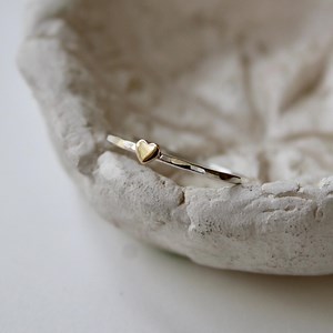 Tiny Gold Heart Ring, Hammered Sterling Silver Stackable Ring With Very Dainty Gold Heart, Anniversary Gift for Her, 14k Gold Filled - Etsy