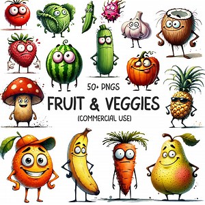 54 Fruits & Vegetable PNG Clipart - Cute Funny Fruit and Veggies Characters Printable Sublimation Design - Digital Download - Commercial Use - Etsy