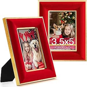 3.5x5 Velvet Picture Frame, Red Photo Frames with Modern Simple Metallic Gold Border, HD Real Glass Horizontal & Vertical Display for Tabletop and Wall Collage Decor (2 Pack)