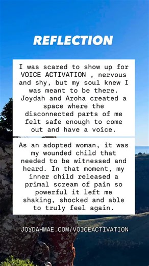 “I was scared to show up for Voice Activation, nervous and shy but my soul knew I was meant to be there” - Fiona Show up with your fears Show up with your uncertainties Show up with your mess Your voice deserves to be heard, exactly as you are We’ve got you All you need to do is choose yourself  Wānaka | Voice Activation | 8 Nov  Worldwide | Online Voice Activation | Starts 16 Dec  joydahmae.com/voiceactivation | Voice Activation | Facebook