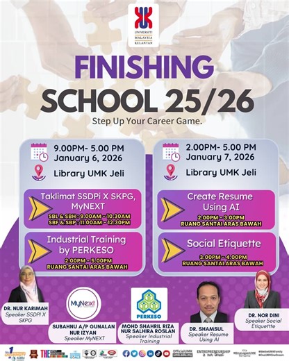 Food Security UMK Kampus Jeli on Instagram: "𝐅𝐈𝐍𝐈𝐒𝐇𝐈𝐍𝐆 𝐒𝐂𝐇𝐎𝐎𝐋 25/26 𝐃-2] Tarikh : 7/1/2026 (RABU) Tempat : LIBRARY UMK JELI 🔸 Taklimat Create Resume Using AI 🔸 Taklimat Social Ettiquette Finishing school 25/26 pada hari kedua telah diadakan pada 7/1/26 bersama semua pelajar tahun 4 dibawah Fakulti Industri Asas Tani (FIAT) bertujuan bengkel pemantapan diri sebelum pelajar melangkah ke alam pekerjaan. Sekalung penghargaan diberikan kepada penceramah dari pensyarah FIAT, Dr Shams