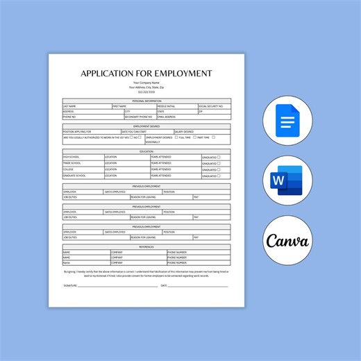 Employment Application Form. Job Application Template. Employee Application, Employment Contract. PDF, Docs Job Application Template Word - Etsy
