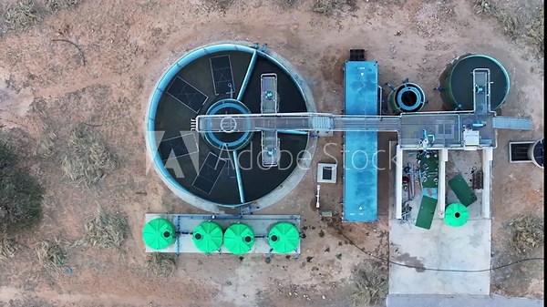 aerial view of clarifiers at a wastewater treatment facility, top down, process to clean and make drinkable water