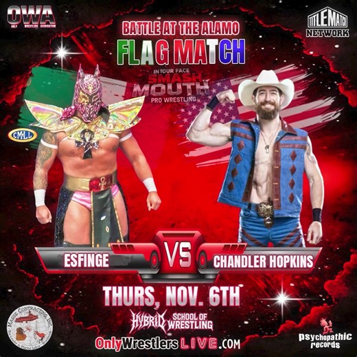 Join us Thursday, November 6th at Hybrid School of Wrestling for OnlyWrestlers LIVE! - “Legacy In The Lone Star”—an unforgettable night of wrestling action! In one of the most anticipated matches witness the third-generation Luchador and current Mexican National Light Heavyweight Champion ESFINGE, battle it out against rising star “Young Gun” Chandler Hopkins! ESFINGE, a CMLL Star, is recognized across Mexico for his incredible skills and championship as the Mexican National Light Heavyweight Ch