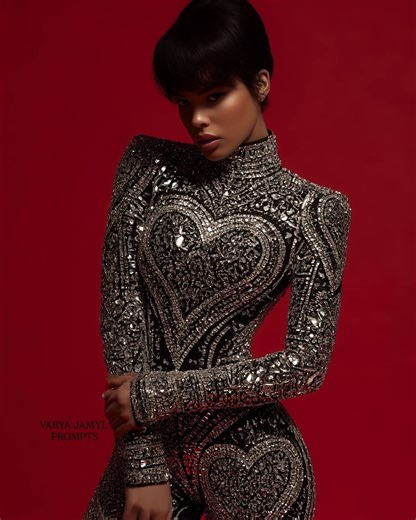 AI ART WITH MIDJOURNEY | Learn how • Prompts | /PROMPT: High fashion female model wearing a structured bodysuit covered in crystal patterns forming abstract heart shapes, dramatic red... | Instagram