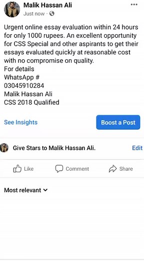1.2K views | Urgent online essay evaluation within 24 hours for only 1000 rupees. An excellent opportunity for CSS Special and other aspirants to get their essays evaluated quickly at reasonable cost with no compromise on quality. For details WhatsApp # 03045910284 Malik Hassan Ali CSS 2018 Qualified | CSS.pk | Facebook