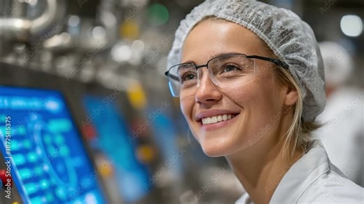 Young female dairy operator smiling while monitoring milk flow on control screen, standing near pasteurizer with safety goggles