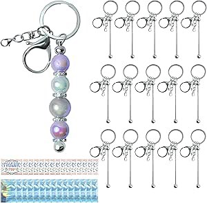 45 Pcs Silver DIY Beadable Keychains Kit with 15 Blank Metal Beaded Keychain Bars, 15 Thank You Cards, 15 Resealable Pouch Bags, Key Chain Making Supplies for Crafts