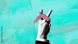 Symbol of freedom and unity. Hand showing victory, peace sign, wrapped with the American flag ribbon. Stop motion, animation. Independence Day of America, history, 4th of July, holiday concept